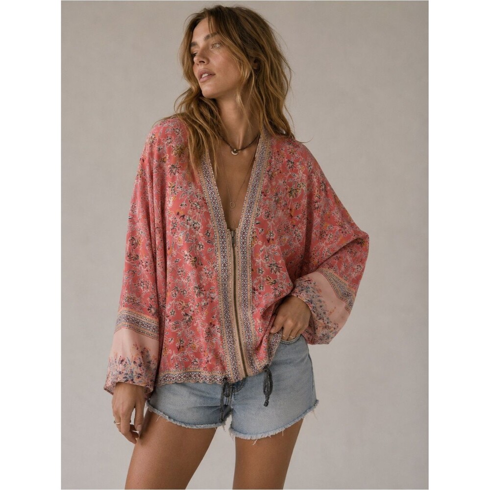 Free People Floral Zip Front Kimono Blouse XS-Small Pink Boho Batwing Sleeve Top